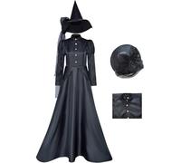 Hallojojo Femme Elphaba Cosplay Costume avec Chapeau Déguisement de Wicked Elphaba Robe Gothique Noire Costume de Sorcière Noël Halloween Carnaval Fête Performance Fancy Dress Adulte XS-3XL