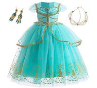 Hallojojo Jasmine Déguisement Fille avec Accessoires Robe de Princesse Aladdin Enfant Princesse Costume Anniversaire Fête Halloween Noël Carnaval Cosplay Robe Accessoires