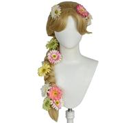 Hallojojo Raiponce Cosplay Perruques Femme 86CM Or Longue Queue de Cheval Perruques avec Fleurs Déguisement Rapunzel Halloween Carnaval Fête Mascarade Performante Princesse Costume Accessoires Wig