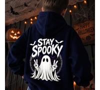 [Halloween] 1 pièce Sweat-shirt-shirt style Halloween minimaliste doux et cool pour garçons préadolescents, petit logo devant, imprimé dos avec police dégoulinante Paix Fantôme Toile d'araignée Chauve