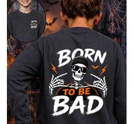 [Halloween] 1 pièce Top à manches longues style rebelle de rue pour garçons, bonnet tricoté avec texte anglais audacieux usé, lunettes de mode, crâne, double doigt, éclair, imprimé de chauve-souris, c