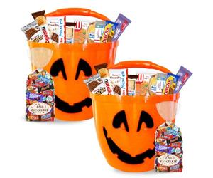 HALLOWEEN - 2 lots de 30 Chocolats et 11 Biscuits Individuels | 2 Seaux Citrouille garnis de Kinder, Milka, Célébrations, gâteaux et barres chocolatées Lu à distribuer aux enfants