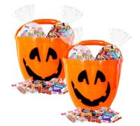 HALLOWEEN - 2 lots de 60 Chocolats et Bonbons Individuels | 2 Seaux Citrouille garnis de Schokobons, Bueno, Célébrations, Milka, Sucettes, Colliers Lolies, Rolls Dextrose