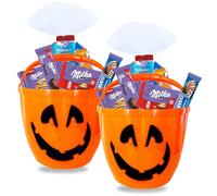 HALLOWEEN | 2 Seaux citrouille avec Assortiment de 40 chocolats Milka favourites et 4 biscuits pocket Milka, Lu, Oreo pour un chasse aux fantômes réussie