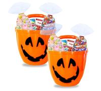 HALLOWEEN | 2 Seaux citrouille avec assortiment de chocolats et bonbons rétro :Milka, Daim, Schokobons, Bueno, Célébrations, sucettes, colliers Lolies, rolls dextrose