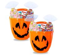 Halloween | 2 seaux citrouille garnis de chocolats Milka Daim Schokobons Bueno Célébrations et bonbons rétro sucettes colliers