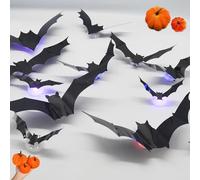 Halloween 3D Lighted Bats, LED Bat Halloween Decorations, Bats Stickers with Adjustable Wings for Window and Wall Decorations (24-60PCS with Small Pumpkin) (36PCS)