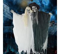 Halloween Animatronics Figurine de fantôme squelette à suspendre avec yeux rouges effrayants activés par le son, figurines de fantômes noirs et blancs pour intérieur et extérieur