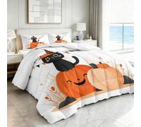 Halloween Animaux Chat Noir Citrouille Matelassée Couette 4 Saisons 180 x 200 cm Couette Tout-en-un Respirante et Super Douce Couleur Orange, Hypoallergenique Couette sans Housse Lavable en Machine