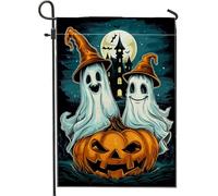 Halloween Automne Maison Hantée Drapeau De Jardin Fantômes Orange Citrouille Décoration Effrayante De Patio Polyester Double Face Décoration De Pelouse Extérieure 12 x 18 Pouces
