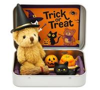 Halloween Bear in a Box for Trick Or Treat-Teddy Bear in a Box, 2025 New Handmade Plush Pocket Bears in Box Kit Gift with Wizard Hat,Witch Blanket, Broom, Pumpkin and Cat (2pcs,Khaki)