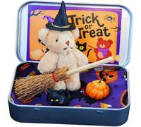 Halloween Bear in a Box for Trick Or Treat,Teddy Bear in a Box for Trick Or Treat - Miniature Witcher,Handmade Witch Teddy Bear in Box, with Witch Wizard Blanket Broom Cape Pumpkin & Cats (Khaki)