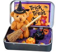 Halloween Bear in a Box for Trick Or Treat,Teddy Bear in a Box for Trick Or Treat - Miniature Witcher,Handmade Witch Teddy Bear in Box, with Witch Wizard Blanket Broom Cape Pumpkin & Cats (Brown)