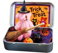 Halloween Bear in a Box for Trick Or Treat,Teddy Bear in a Box for Trick Or Treat - Miniature Witcher,Handmade Witch Teddy Bear in Box, with Witch Wizard Blanket Broom Cape Pumpkin & Cats (Pink)