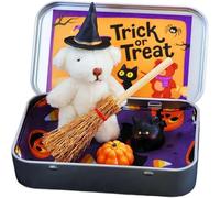 Halloween Bear in a Box for Trick Or Treat,Teddy Bear in a Box for Trick Or Treat - Miniature Witcher,Handmade Witch Teddy Bear in Box, with Witch Wizard Blanket Broom Cape Pumpkin & Cats (White)