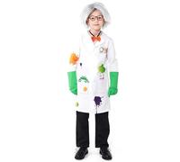 Halloween Bebe Garcon Déguisement de Scientifique Fou pour Enfant avec Perruque, Lunettes, nœud Papillon, Gants, 5 pièces, Blouse Laboratoire Enfants, déguisement d'halloween Manteau Garçons