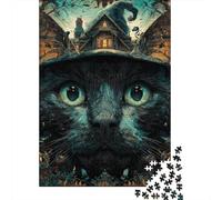 Halloween Black Cat Art Print-2 Puzzle 1000 Pièces Educa Jouet en Bois Divertissement Créatif Décoration Intérieure Jeu Éducatif Challenge Toy Adultes & Enfants des 14 Ans 52x38cm/1000pcs