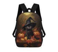 Halloween Black Cat with Pumpkins-3 Sacs À Dos Imprimés En 3D Pour Enfants 17inch Sacs À Dos Tendance Et Décontractés Pour La Journée, Sacs De Voyage, Sacs À Dos D'extérieur Pour Garçons Et Filles