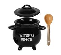 Halloween Black Soup Crock - Ceramic Stew Bowl, chaudron sur le thème des sorcières | Présentation de présentation de service vintage rustique, accessoire de fête avec cuillère assortie pour rassemble
