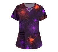 Halloween Blouse Medicale Femme Col en V Manches Courtes Médicals Tunique Infirmiere Professionnelle Lin Veste Aide Soignante Déguisement Vampire Coton Chimie Deguisement