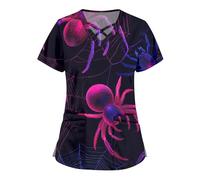 Halloween Blouse Medicale Femme Col en V Manches Courtes Médicals Tunique Infirmiere Professionnelle Lin Veste Aide Soignante Déguisement Vampire Coton Chimie Deguisement