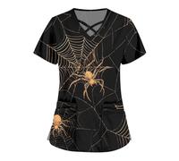 Halloween Blouse Medicale Femme Col en V Manches Courtes Médicals Tunique Infirmiere Professionnelle Lin Veste Aide Soignante Déguisement Vampire Coton Chimie Deguisement