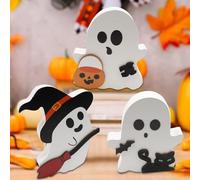 Halloween Bois Ghost Decorations, 3 Pièces Decoration Halloween, Mignon Ghost Halloween Décorations en Bois, Halloween Panneau de Table, Décorations De Table Maison D'Halloween, Cadeaux d'Halloween