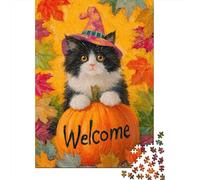 Halloween Cat Welcome Sign Puzzle 1000 Pièces Cadeau Unique Jeu Éducatif Défi Jouet À De Qualité Supérieure Peinture Art pour Adultes Et Enfants À Partir De 12 Ans 70x50cm/1000pcs