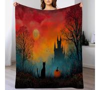 Halloween Chat Noir, Citrouille, Lune Plaid pour Lit, Fauteuil & Canapé - Super Douce, Moelleuse et Chaude Jaune orangé Couverture - Décoration d’Automne Halloween, 150 x 200cm