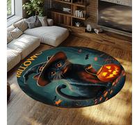 Halloween Chat Rond Tapis Citrouille sorcière Chapeau mystérieux forêt Animal Cercle Tapis Doux à Poils Ras Lavable pour Chambre d’Enfant Balcon 140cm