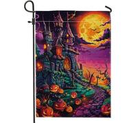 Halloween Château Enchanté Jardin Drapeau Orange Pleine Lune Décoration Citrouille Drapeaux de Jardin Bannière Effrayante Effrayante Décoration de Cour Extérieure 12x18