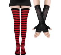 Halloween Chaussettes Montantes Femme, Gant Noir Halloween Gants Longs en Dentelle pour Femmes, Chaussettes Hautes à Rayures, Gants sans Doigts en Dentelle avec Toile d'Araignée pour Carnaval Cosplay