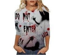 Halloween Chemises Boutonnées en Soie pour Femmes Longues T-Shirt à Sept Manches imprimé Sanglant d Halloween, Haut col Rond, Chemise Confortable 2 T Shirt Animal(Rouge,L)