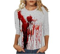 Halloween Chemises Boutonnées en Soie pour Femmes Longues T-Shirt à Sept Manches imprimé Sanglant d Halloween, Haut col Rond, Chemise Confortable 2 T Shirt Animal(Vin,3XL)