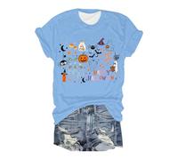 Halloween Chemises Western pour Femmes Grande Taille Manches Courtes T-Shirt décontracté à Femme, imprimé Halloween, Confortable et élégant T Shirt Humour Papa(Bleu Clair,S)