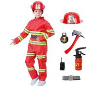 Halloween Costume de Pompier pour Enfants Chef des Pompiers Cosplay Jeu Rôle Jouets Accessoires Haut, Pantalon, Ceinture, Casque Rouge, Hache, Talkie-walkie, extincteur, Boussole (Jouet)