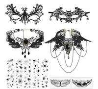 Halloween Costume Femme Accessoires,2 Collier en dentelle noire,2 Masque en dentelle noire,10 Tatouages Temporaires d'Araignée et 2 Autocollants de Bouche d'Halloween,Bijoux Gothiques Steampunk