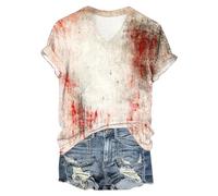 Halloween Costume Femme T Shirt Femme Col V Deguisement Halloween Femmes Bloody Horror Tee Shirt Blood à Manches Courtes T-Shirts Vampire Déguisement Costume Zombie Tshirt Sang (Khaki, XL)