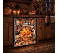 Halloween Couvercle magnétique pour lave-vaisselle 3D Illusion 58,5 x 66 cm | Design illusion 3D, dos magnétique complet, imperméable et résistant aux coupures, cacher les rayures