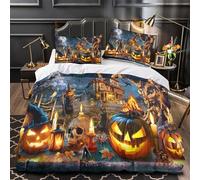 Halloween Decor Linge de Lit Microfibre Hypoallergique 3D Imprimée 3 Pièces Éclair Super Douce Spooky Haunted House Housse de Couette Ultra Douce Entretien Facile for Fille Single（140x200cm）