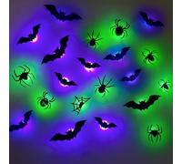 Halloween Décoration, 3D Chauve Souris Violet LED Horreur Chauve Souris Stickers Muraux pour Fenêtre, Mur, Porte, Fête Déco (Chauves-souris-12PCS+Araignées-9PCS)