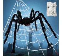 Halloween Decoration Araignee Geante, Filet de 5 m + 1.5 m géante d'araignée + 40g Coton araignée + 30 Petites Araignées + 1 Crochet + 5 piquets au Sol, Géante Spider Web, pour Cour