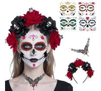 Halloween Decoration Costume Femme Tatouage Deco Serre Tete Accessoire Pour Visage Stickers Adulte Effrayante Autocollant Diademe Couronne Tattoo Fleurs Tenue Tchoupi Fete Cheveux Horreur