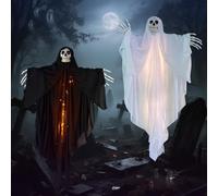 Halloween Decoration Fantôme Lot de 2,100 * 60cm Suspendu Fantôme LED Décoration Effrayante pour Jardin, Terrasse, Balcon,Décoration Extérieure/Intérieure Halloween Déco Suspendu Éclairé pour Fête