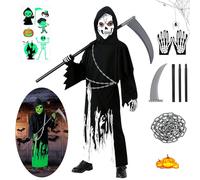 Halloween Déguisement Faucheuse Enfant, Déguisemen de Cosplay Grim Reaper Contient Vêtements Fluorescents, Gants, Autocollants et Faucilles et Chaînes en Plastique pour Halloween Cosplay,Carnaval (M)