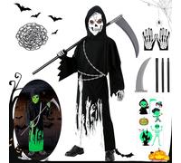 Halloween Déguisement Faucheuse Enfant, Déguisemen de Cosplay Grim Reaper Contient Vêtements Fluorescents, Gants, Autocollants et Faucilles et Chaînes en Plastique pour Halloween Cosplay,Carnaval (S)