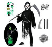 Halloween Déguisement Faucheuse Enfant, Déguisemen de Cosplay Grim Reaper Contient Vêtements Fluorescents, Gants, Autocollants et Faucilles et Chaînes en Plastique pour Halloween Cosplay,Carnaval (L)