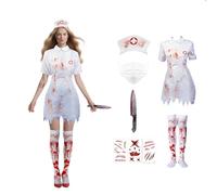 Halloween Déguisement Infirmière Femme, Adulte Deguisement Infirmiere avec Bande de Cheveux Chaussette, Costume Halloween Femme, Uniforme Hôpital Sanglante pour Carnaval, Cosplay Mascarade Fête