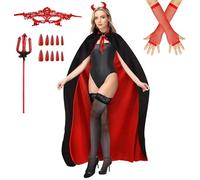 Halloween Deguisement Vampire Femme, Déguisement de Diable Femme, Deguisement Carnaval Ensemble Cape Vampire Avec Bâton du Diable, Serre-tête, pour Costume Carnaval Halloween Adulte
