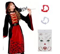 Halloween Deguisement Vampire Fille, Deguisement Vampire Fille, vampire costume for girls, (Disponible en 3 Tailles, Hauteur 120-160 cm) avec Col Rubis Dents, pour Carnaval Fête à Thème Cosplay (XL)